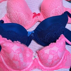 THREE Victorias Secret Body by Victoria Lined Demi Bra Bundle Pink Navy Blue 34C
